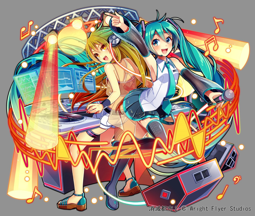 2girls :d absurdly_long_hair ahoge ankle_strap aqua_eyes aqua_nails back-to-back black_footwear black_skirt blonde_hair blush boots collared_shirt crop_top detached_sleeves dj gradient_hair green_hair grey_background hair_between_eyes hatsune_miku hatsune_miku_(vocaloid3) headset highres holding holding_microphone jewelry long_hair microphone monitor multicolored_hair multiple_girls musical_note nail_polish necklace necktie nou official_art open_mouth orange_eyes phonograph pleated_skirt pointing red_nails sandals see-through_sleeves shirt short_shorts shorts shoumetsu_toshi_2 skirt smile speaker stage_lights thigh_boots thighhighs tie_clip transparent_jacket turntable twintails very_long_hair vocaloid watermark waveform white_shirt white_shorts wristband