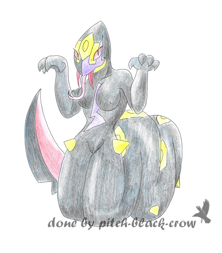 black black_body breasts claws fangs female forked_tongue hi_res markings naga nintendo pitch-black-crow plain_background pok&#233;mon pok&eacute;mon purple_markings pussy red_eyes red_teeth reptile scalie seviper snake solo tongue video_games white_background yellow_markings
