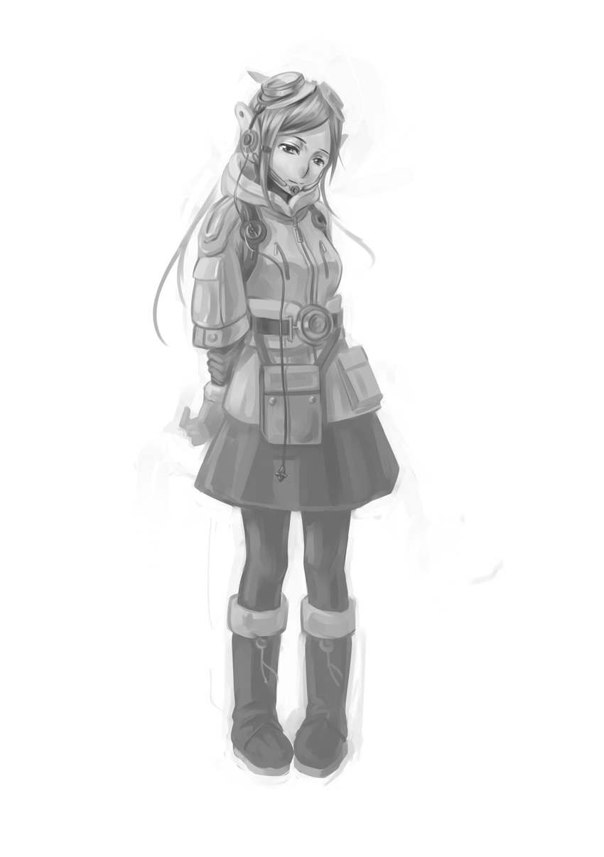 absurdres bomber_jacket boots giselle_collette_vingt gloves goggles greyscale headphones highres jacket last_exile last_exile:_gin'yoku_no_fam miniskirt monochrome pantyhose skirt solo xiamianliele