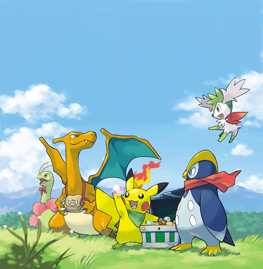 absurdres charizard chunsoft empoleon game_freak highres meganium nintendo no_humans official_art pikachu pokemon pokemon_(game) pokemon_mystery_dungeon pokemon_mystery_dungeon_explorers_of_sky prinplup shaymin sugimori_ken