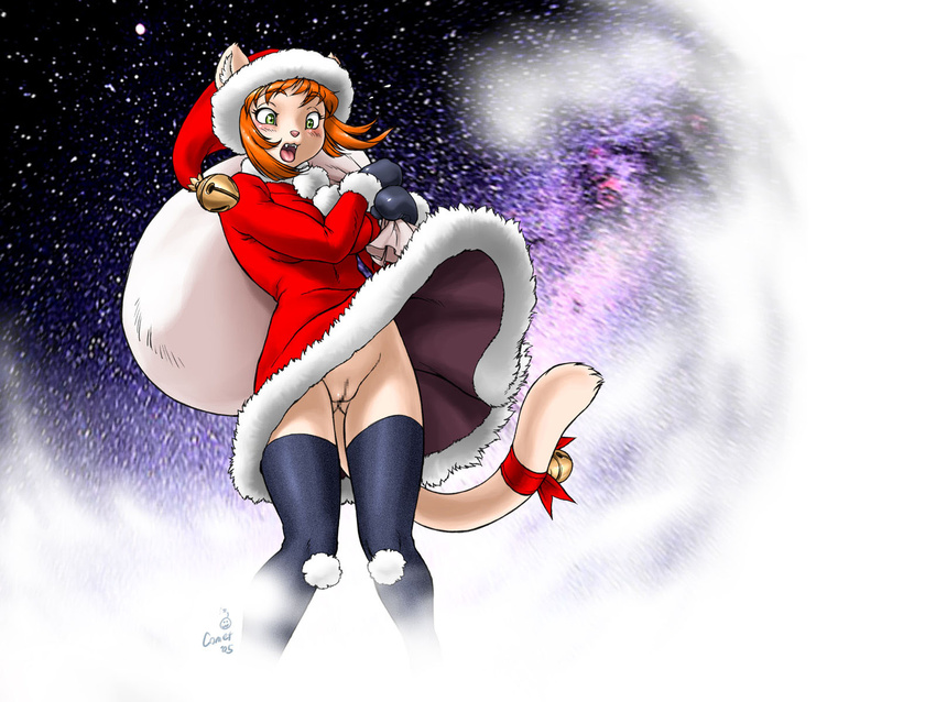 2005 bell cat cat_ears cat_tail censored christmas crotch_shot dr_comet feline female furry gift green_eyes hair hat holidays legwear mammal pussy red_hair snow solo stockings tail tongue upskirt wind xmas