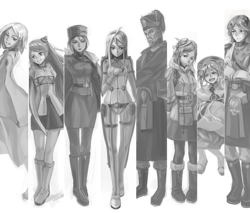 5girls absurdres alvis_hamilton beard bodysuit bomber_jacket book boots braid buckle cape child dian_(last_exile) dio_eraclea facial_hair frown giselle_collette_vingt gloves goggles goggles_on_head greyscale hat highres jacket jumping last_exile last_exile:_gin'yoku_no_fam long_hair miniskirt monochrome multiple_boys multiple_girls pantyhose pencil_skirt sadri sara_(last_exile) short_hair skirt smile sorush tassel tatiana_wisla uniform xiamianliele