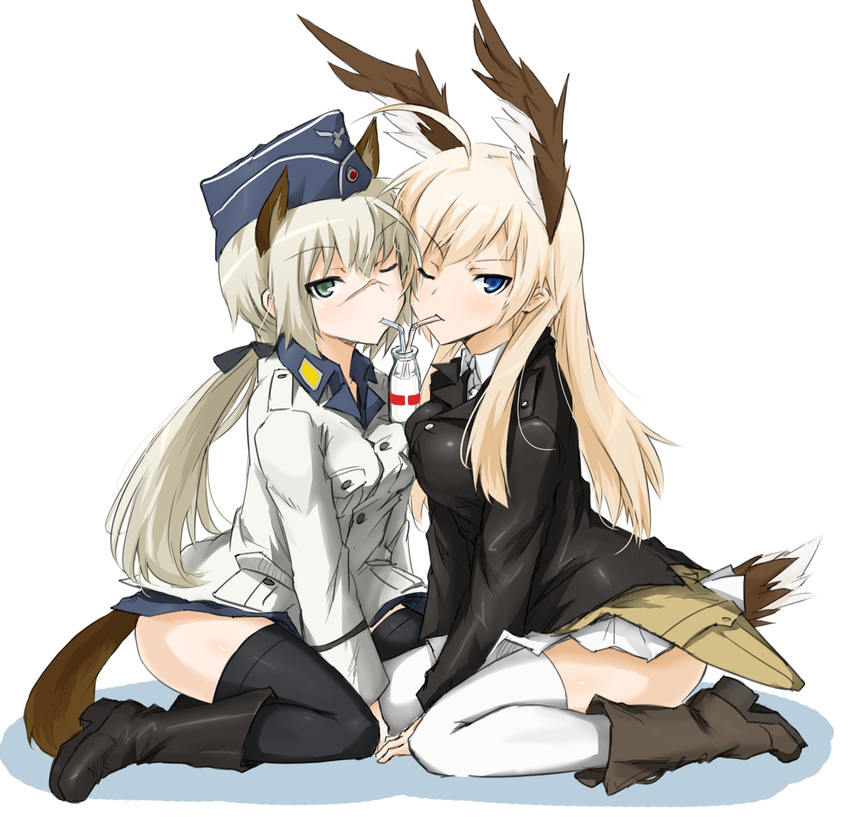 ahoge animal_ears asymmetrical_docking bad_id bad_pixiv_id black_legwear blonde_hair blue_eyes boots breast_press breasts dakku_(ogitsune) drinking_straw garrison_cap green_eyes hanna-justina_marseille hanna_rudel hat jacket long_hair looking_at_viewer military military_uniform milk multiple_girls one_eye_closed pleated_skirt ponytail scar sitting skirt small_breasts tail thighhighs uniform wariza white_legwear world_witches_series yokozuwari