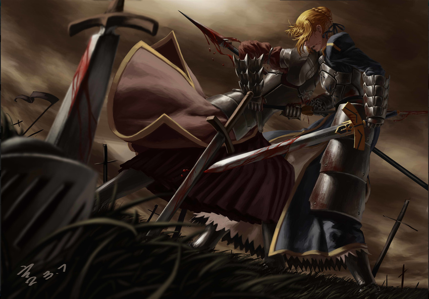 armor armored_dress artoria_pendragon_(all) battlefield blonde_hair blood blood_on_face blood_stain braid breastplate clarent dress dutch_angle excalibur fate/stay_night fate/zero fate_(series) faulds field_of_blades fine_art_parody flag french_braid gauntlets grass greaves hair_over_eyes hair_ribbon helm helmet holding impaled mordred_(fate) mordred_(fate)_(all) mother_and_daughter multiple_girls open_mouth parody pauldrons planted_sword planted_weapon polearm puffy_sleeves ribbon saber scrap_iron short_hair signature sky spear stabbed stabbing sword weapon