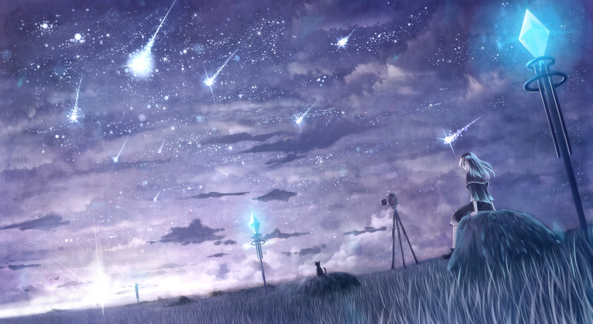 bangs black_cat boots camera cat commentary_request crystal grass highres horizon lamppost long_sleeves magic medium_hair night night_sky original rock sakimori_(hououbds) scenery shooting_star sitting skirt sky star_(sky) starry_sky sunrise tripod