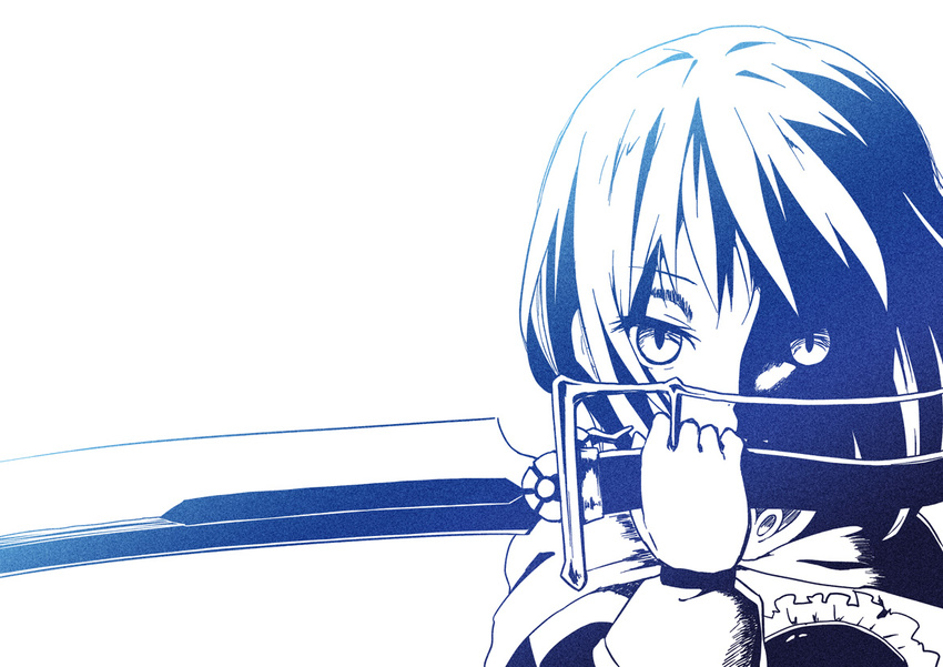 blue cape errant frills gloves magical_girl mahou_shoujo_madoka_magica miki_sayaka monochrome short_hair slit_pupils solo sword weapon