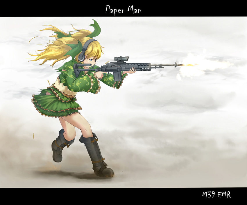 battle_rifle battlefield_(series) battlefield_3 blonde_hair blue_eyes boots casing_ejection firing frills gun hair_ribbon headphones headset highres m14 m39_emr messy_hair muzzle_flash original paper_man ribbon rifle running scope shell_casing skirt smoke sniper_rifle solo twintails weapon yakuto007