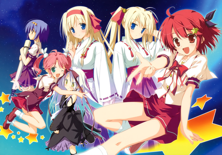 aoi_isuzu blue_eyes blue_hair game_cg hisakaki_komomo hisakaki_kosame hoshizora_no_memoria japanese_clothes kogasaka_chinami long_hair mare_s_ephemeral minahoshi_asuho pink_hair red_eyes red_hair seifuku short_hair sky stars