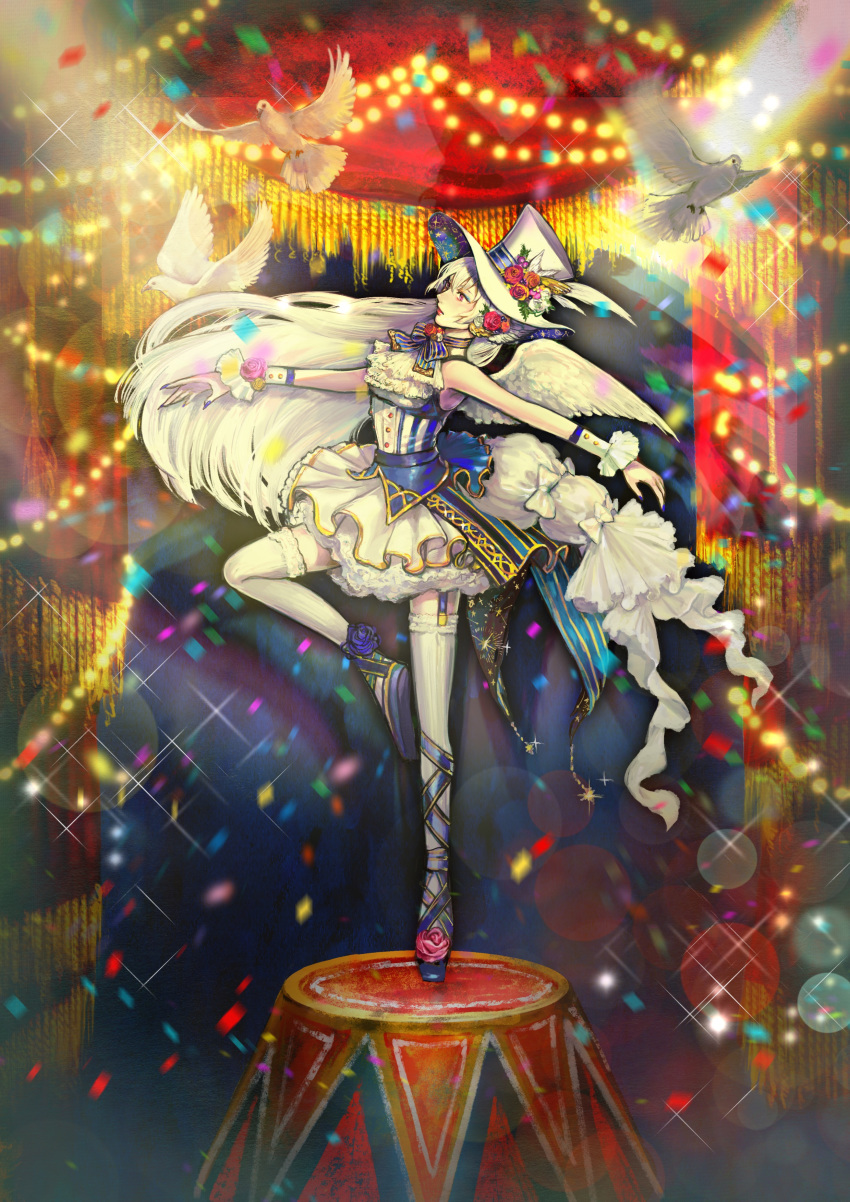 1girl absurdres angel_wings bird bow circus confetti dove dress fantasy feathered_wings flower frills full_body garter_straps hair_flower hair_ornament hat hat_flower highres idarintarou indoors lens_flare long_hair magic_trick original personification red_curtains red_eyes solo sparkle standing standing_on_one_leg thighhighs very_long_hair white_bow white_dress white_hair white_hat white_legwear white_wings wings writst_cuffs