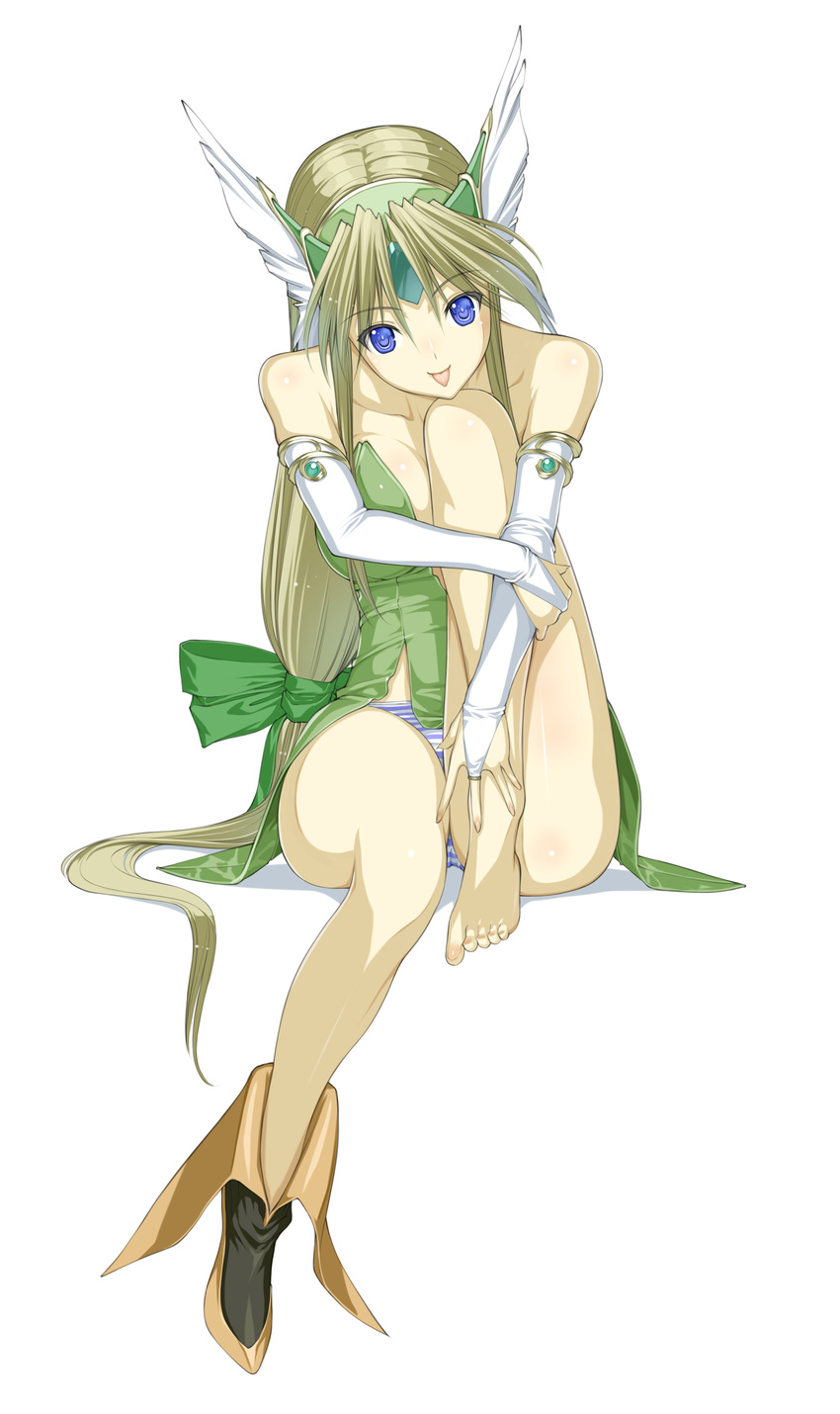 :p absurdres bad_id bad_pixiv_id bare_shoulders barefoot blonde_hair blue_eyes boots bow breasts bridal_gauntlets full_body gloves hair_bow helmet highres large_breasts leg_hug legs long_hair long_legs looking_at_viewer low-tied_long_hair nakabayashi_reimei panties riesz seiken_densetsu seiken_densetsu_3 shoes simple_background single_shoe sitting solo striped striped_panties thighs toes tongue tongue_out underwear very_long_hair white_background winged_helmet