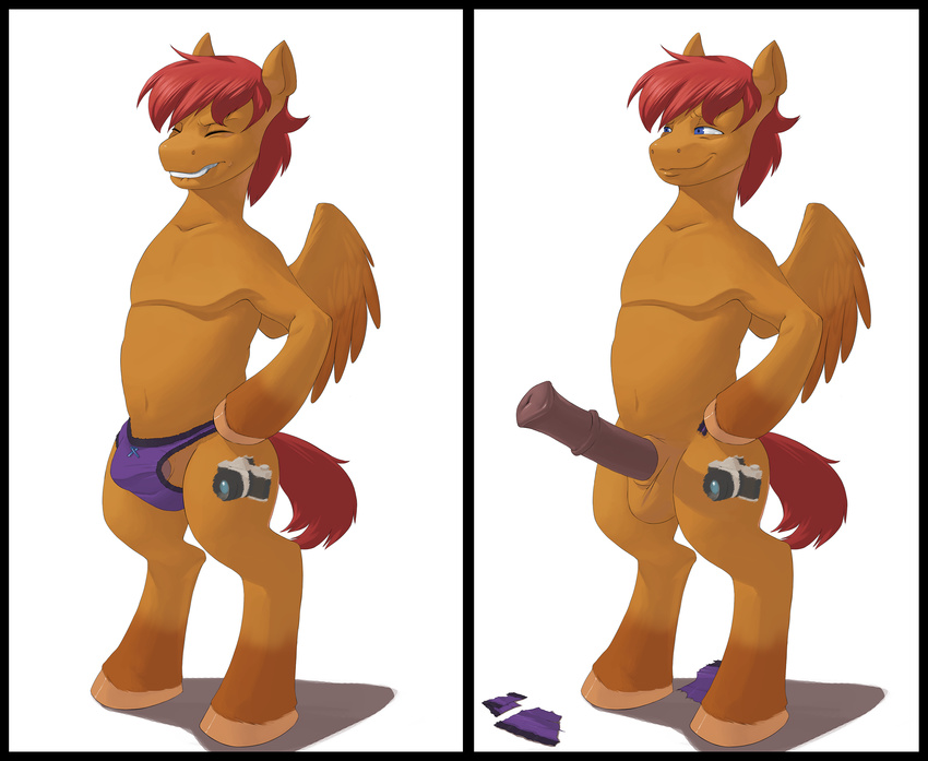 balls blue_eyes camera_cutie_mark clenched_teeth clothing cutie_mark equine hair horse kevinsano male my_little_pony orange_body panties pegasus penis pony red_hair smile snapshot_(character) solo teeth underwear wings
