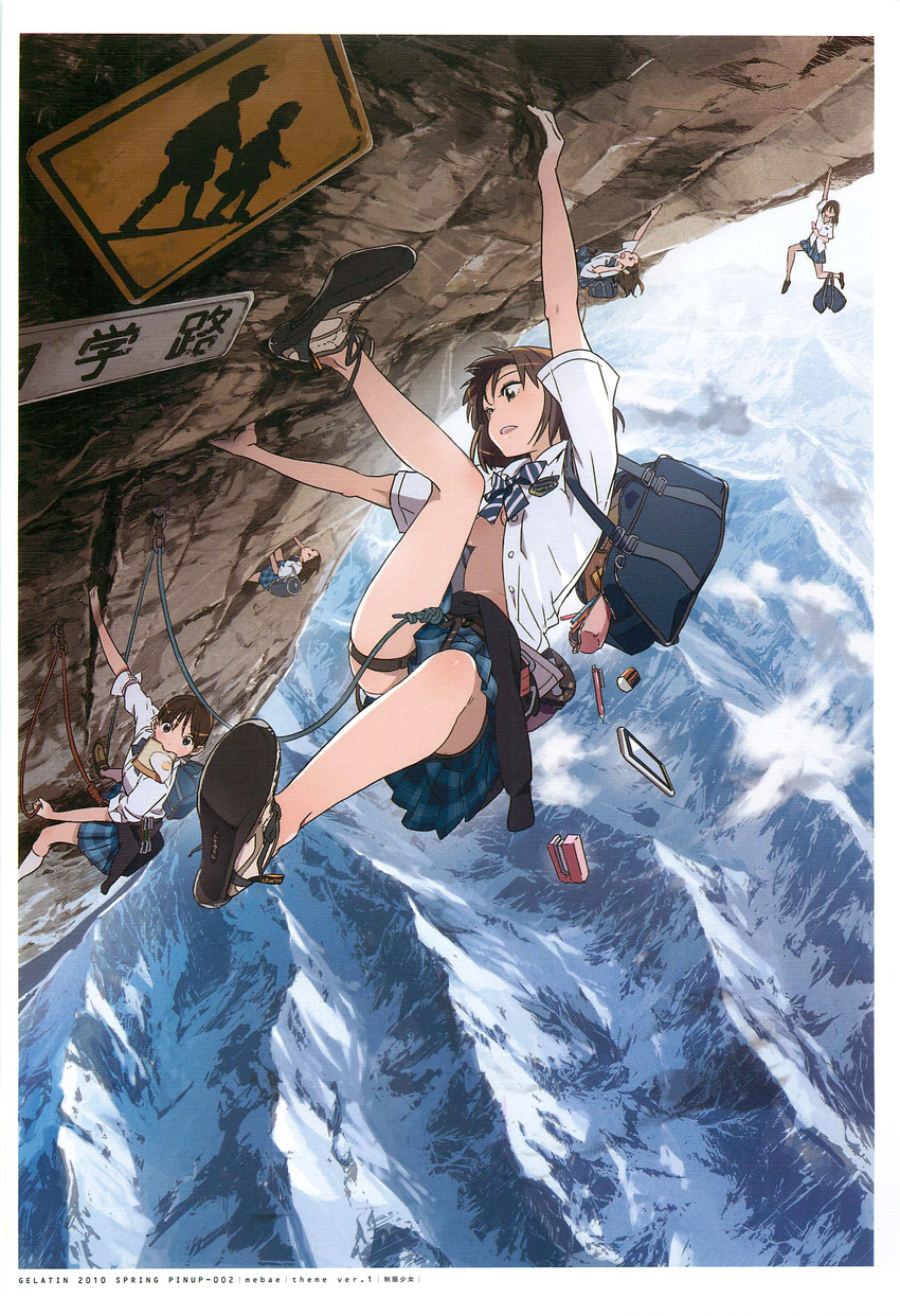 5girls absurdres artist_name bag bow bowtie breasts brown_eyes brown_hair climbing dated day dropping food food_in_mouth highres late_for_school looking_at_viewer mebae mountain mountain_climbing mouth_hold multiple_girls no_bra no_socks non-web_source open_clothes open_shirt original plaid plaid_skirt pleated_skirt rock_climbing scan scenery school_uniform shirt shoes short_hair shoulder_bag sign skirt small_breasts sneakers toast toast_in_mouth translated underboob upshirt upskirt