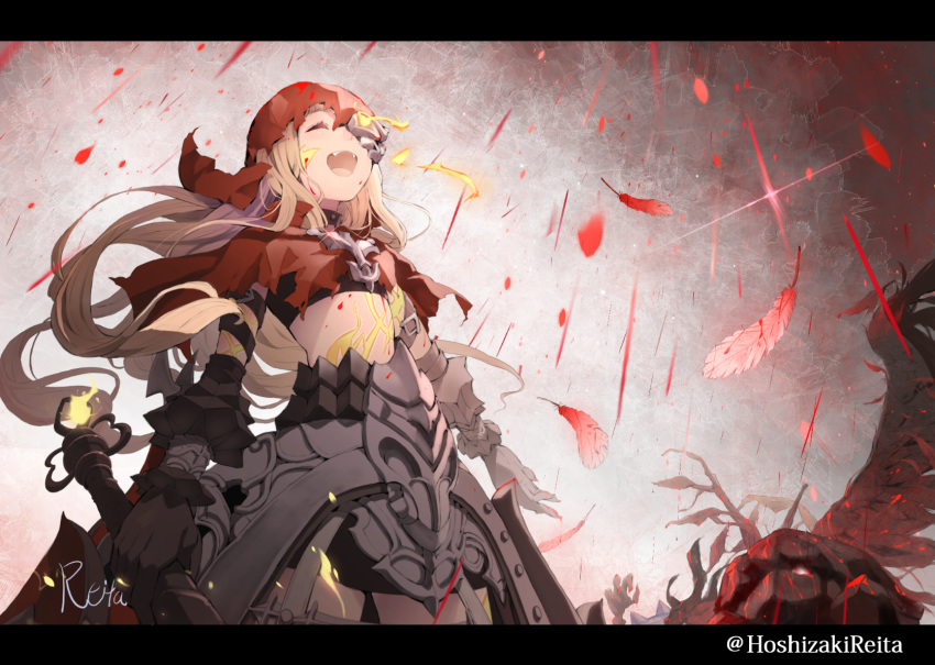 1girl :d black_gloves black_shirt black_skirt capelet commentary_request crop_top eyes_closed facing_viewer fangs feathers gloves half-nightmare highres holding hoshizaki_reita letterboxed light_brown_hair little_red_riding_hood_(sinoalice) long_hair open_mouth red_capelet red_feathers shirt signature sinoalice skirt smile solo torn_capelet twitter_username very_long_hair