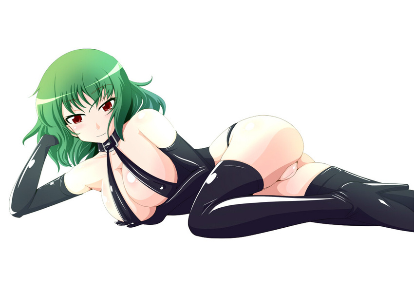 bdsm collar elbow_gloves female gloves green_hair kazami_yuuka latex latex_gloves latex_thighhighs red_eyes tamakko thighhighs touhou youkai