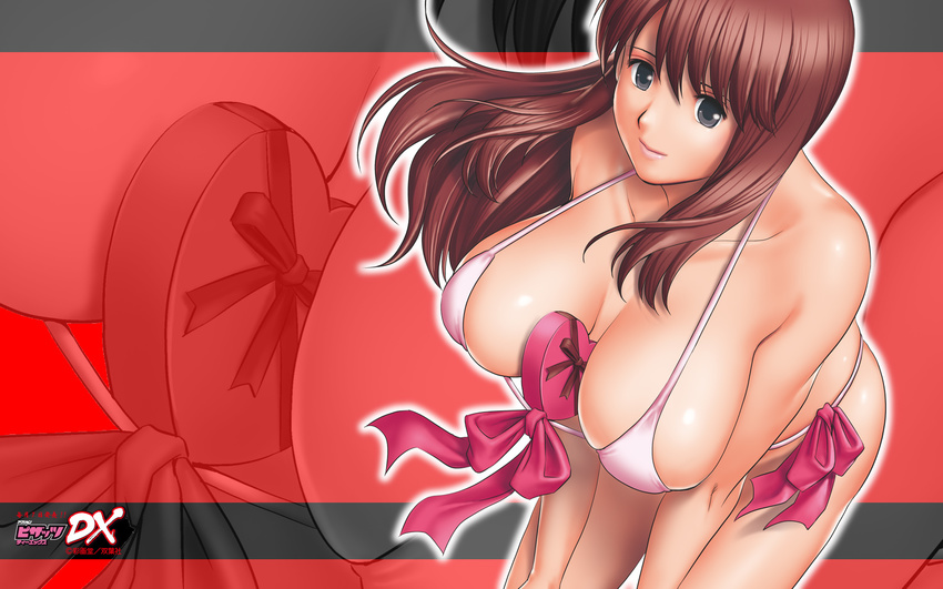 action_pizazz between_breasts bikini breasts brown_hair cleavage hanging_breasts highres huge_breasts long_hair ribbon saigadou solo swimsuit wallpaper zoom_layer