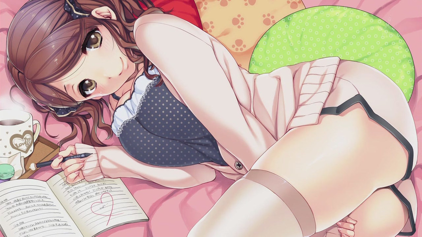 amagami ass bed between_legs book breasts brown_eyes brown_hair cleavage coffee hair_ribbon hand_between_legs heart large_breasts looking_at_viewer lying nakata_sae on_bed on_side open_book pastry pen pillow ribbon smile solo sumeragi_kohaku sweater thighhighs thighs twintails white_legwear