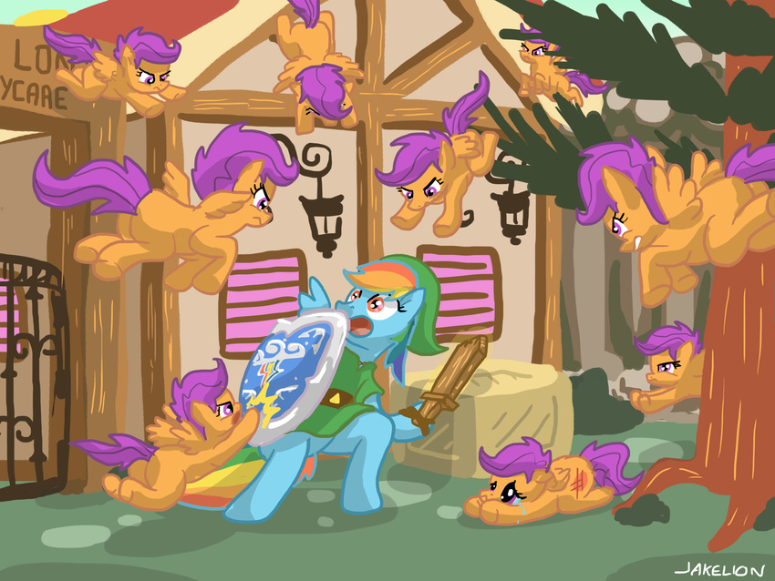 absurd_res attacking box bruise crying cub docwario equine female feral flying friendship_is_magic group hair hat hi_res horse house link mammal multi-colored_hair my_little_pony open_mouth parody pegasus pony purple_eyes purple_hair rainbow rainbow_dash_(mlp) rainbow_hair rainbow_tail red_eyes scootaloo_(mlp) shield sword tears the_legend_of_zelda tree tunic video_games weapon wings wood wooden_sword wounded young