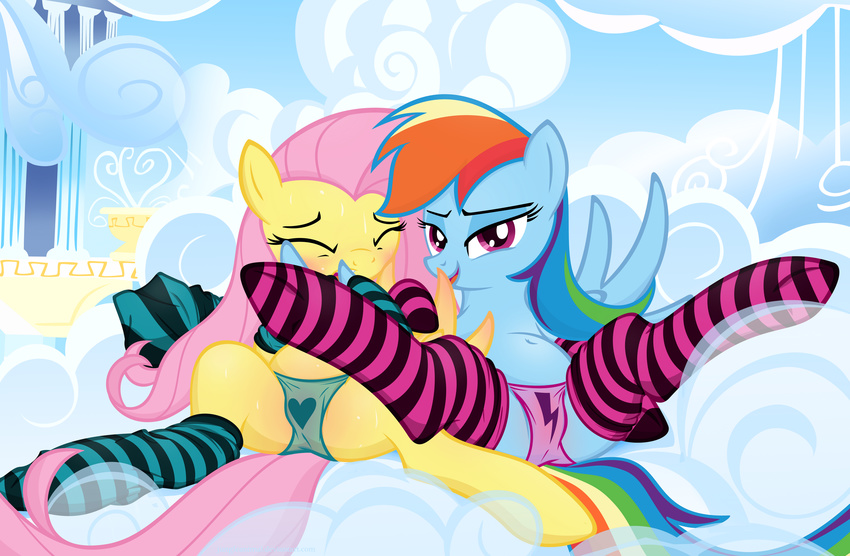 &hearts; blush cloud clouds duo equine eyes_closed female feral fluttershy_(mlp) friendship_is_magic hi_res horse jungleanimal junglepony legwear looking_at_viewer mammal my_little_pony panties pegasus pony presenting rainbow_dash_(mlp) seductive spread_legs spreading stockings sweat underwear wings