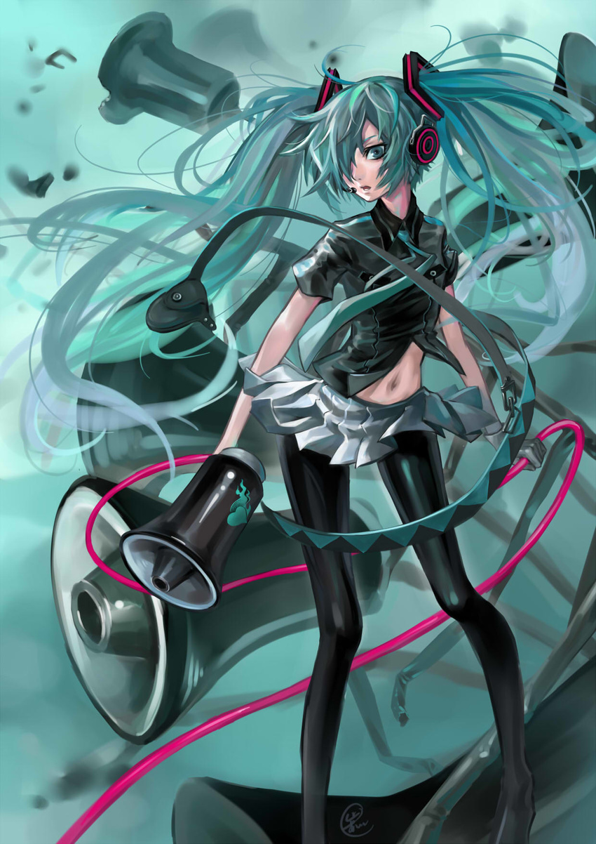 aqua_eyes aqua_hair gloves hair_over_one_eye hatsune_miku headset highres koi_wa_sensou_(vocaloid) l.green long_hair megaphone midriff navel necktie pantyhose skirt solo twintails very_long_hair vocaloid wind wind_lift