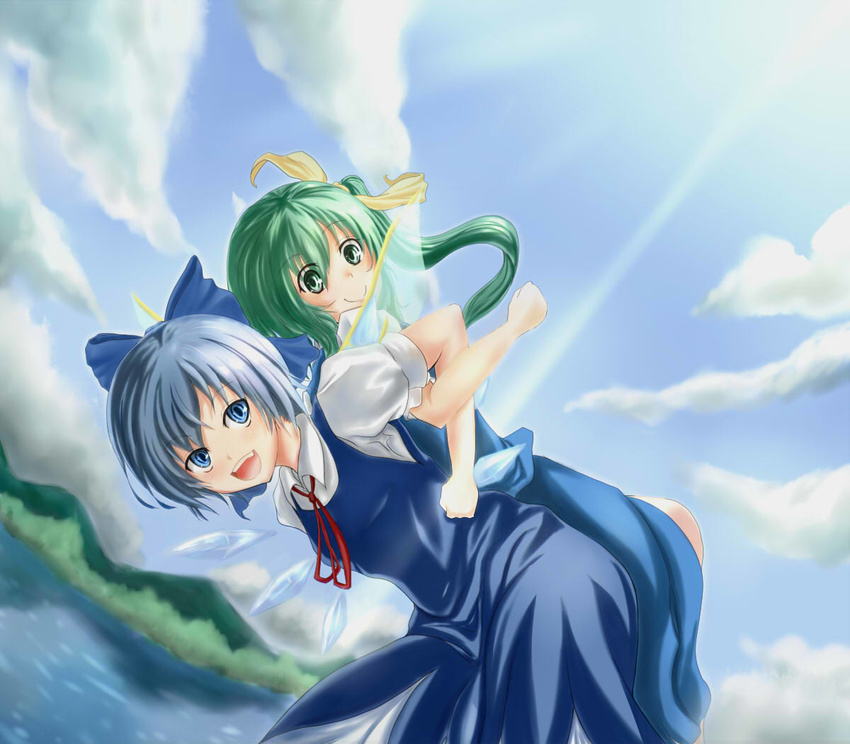 awasarin back-to-back bent_over blue_dress blue_eyes blue_hair blue_sky blurry bow cirno clenched_hand cloud daiyousei day depth_of_field dress dress_shirt dutch_angle fairy_wings green_eyes green_hair hair_ribbon lake lens_flare lifting locked_arms looking_at_viewer mountain multiple_girls open_mouth outdoors puffy_sleeves ribbon shirt short_hair short_sleeves side_ponytail sky smile teeth touhou tree water wings