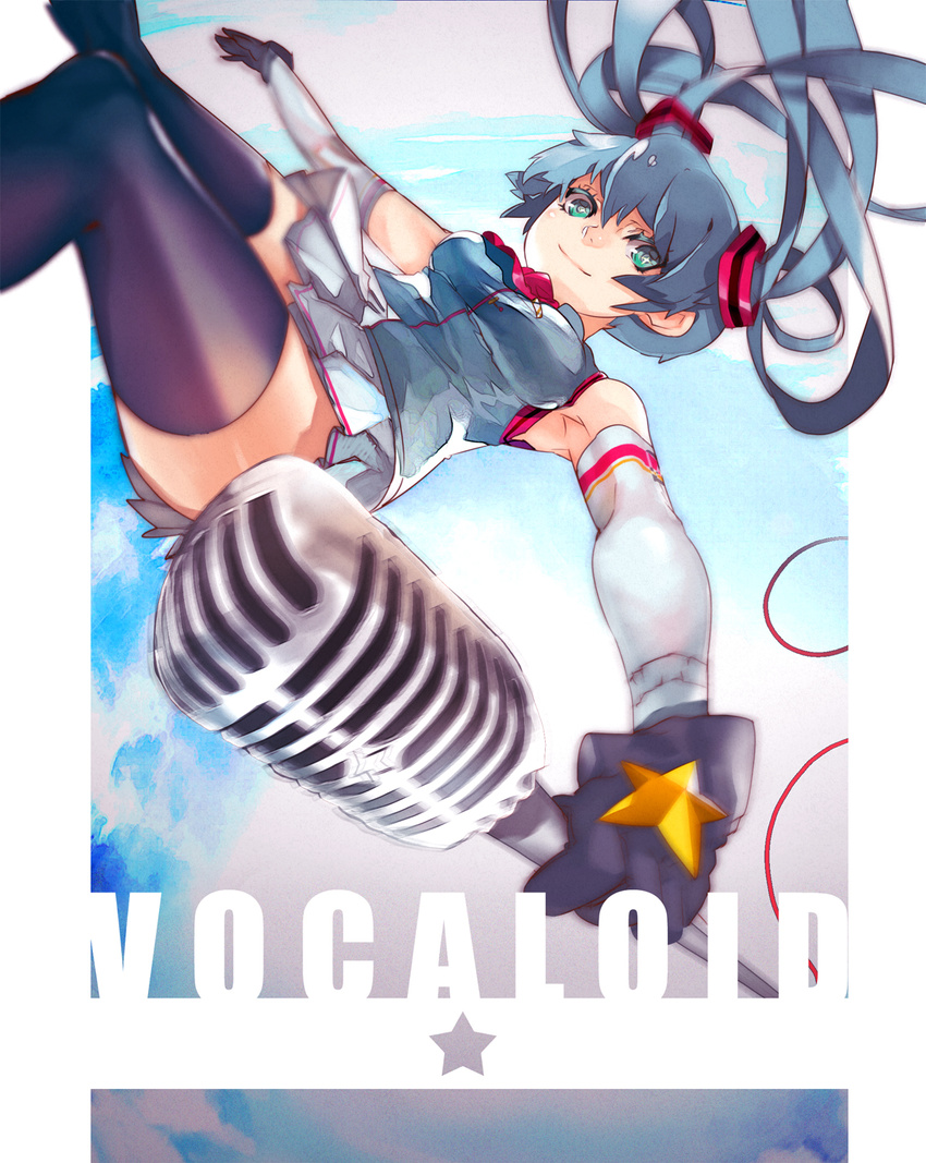 aqua_eyes aqua_hair elbow_gloves falling gloves hatsune_miku highres laio long_hair looking_at_viewer microphone microphone_stand skirt smile solo thighhighs twintails very_long_hair vintage_microphone vocaloid zettai_ryouiki
