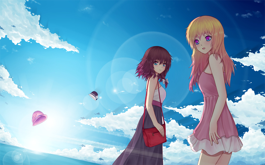 alternate_costume bad_id bad_pixiv_id bag blonde_hair blue_eyes bow brown_hair cloud contemporary day dclockwork hair_bow handbag hat hat_removed headwear_removed long_hair maribel_hearn multiple_girls ocean purple_eyes short_hair sky sunlight touhou usami_renko