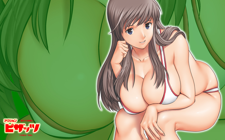 action_pizazz bikini blue_eyes breasts brown_hair cleavage curvy highres huge_breasts long_hair saigadou solo swimsuit wallpaper zoom_layer