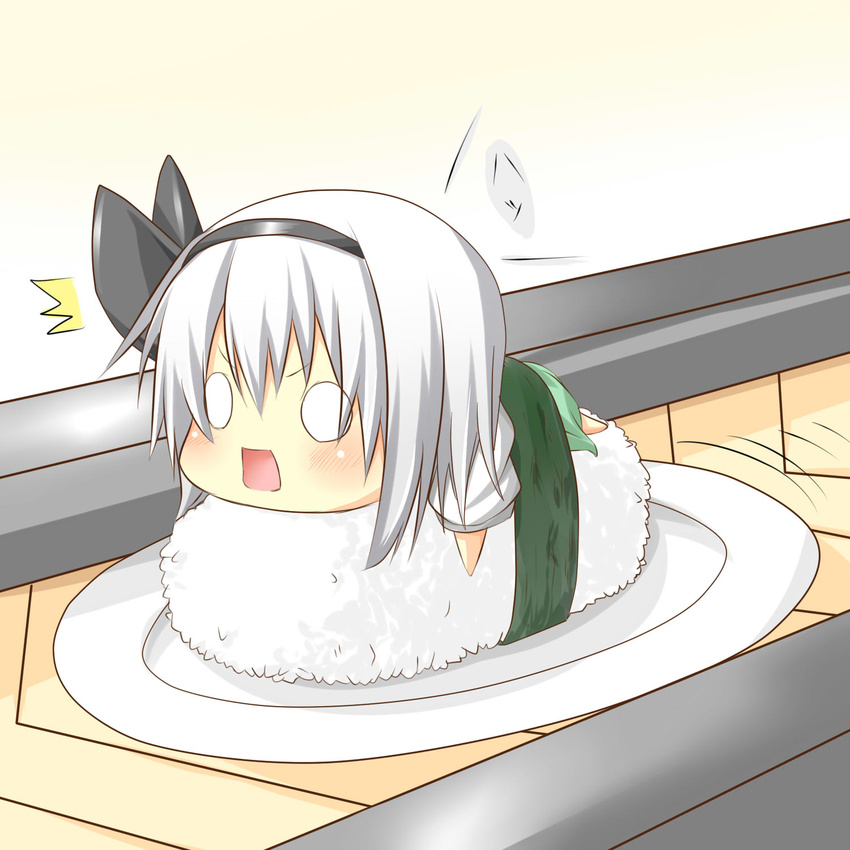 1girl blush chibi conveyor_belt conveyor_belt_sushi food hair_ribbon highres in_food konpaku_youmu lying minigirl nigirizushi o_o on_stomach open_mouth plate ribbon rice shirt short_hair silver_hair skirt solo surprised sushi touhou wakagi_repa