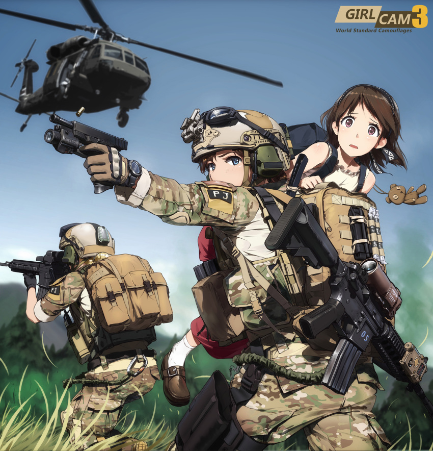 3girls action aircraft ammunition armor assault_rifle bag blonde_hair blue_eyes boots brown_eyes brown_hair camouflage carrying_over_shoulder glasses glock gloves gun handgun headband heckler_&amp;_koch helicopter helmet highres hk416 holding holding_gun holding_weapon load_bearing_vest looking_at_viewer m4_carbine magazine_(weapon) military military_operator military_uniform military_vehicle multiple_girls ocp_(camo) original person_carrying rifle short_hair soldier stuffed_animal stuffed_toy tantu_(tc1995) teddy_bear uh-60_blackhawk uniform us_air_force watch weapon weapon_on_back wristwatch