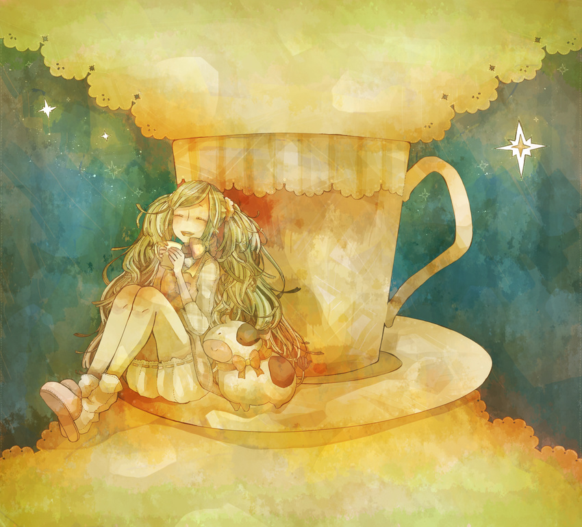 :d alternate_hair_color bad_id bad_pixiv_id bow closed_eyes cow cup green_hair hatsune_miku highres holding long_hair mizutame_tori open_mouth saucer sitting sky smile socks solo star star_(sky) starry_sky teacup twintails vocaloid