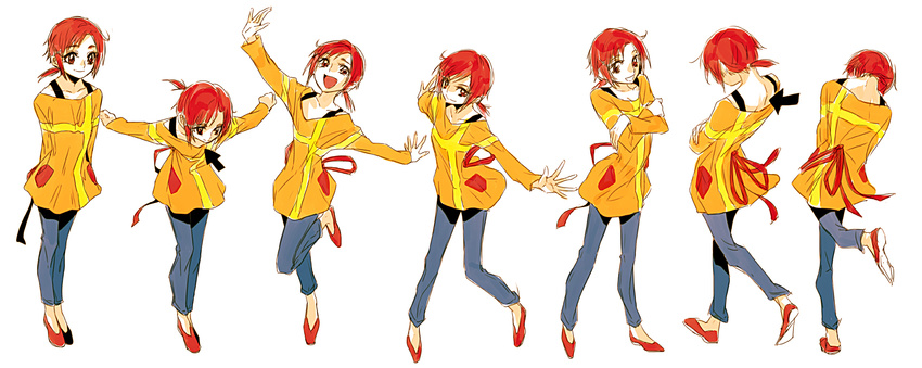 arms_behind_back crossed_arms highres hino_akane_(smile_precure!) open_mouth orange_shirt pants pose precure red_hair shirt shoes simple_background smile smile_precure! smock tima white_background