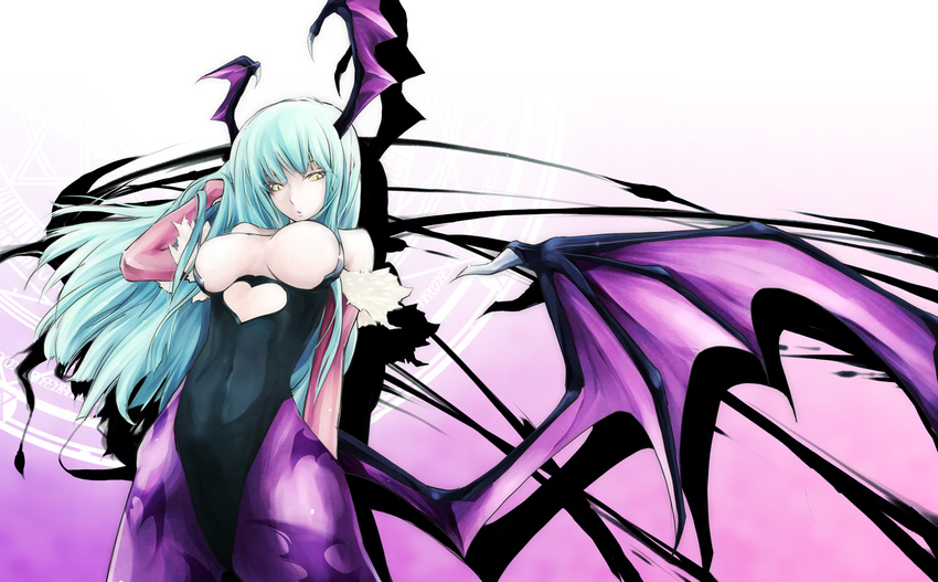 animal_print bare_shoulders bat_print bat_wings breasts bridal_gauntlets cleavage demon_girl green_hair head_wings highres large_breasts leotard long_hair marvel_vs._capcom marvel_vs._capcom_3 morrigan_aensland painfultree pantyhose print_legwear purple_wings solo succubus vampire_(game) wings yellow_eyes