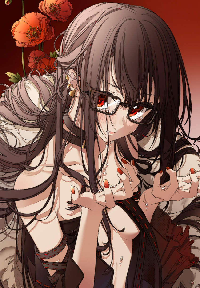 1girl absurdres bangs black_dress blush brown_hair choker collarbone consort_yu_(fate) crying dress earrings fate/grand_order fate_(series) flower glasses hair_spread_out highres jewelry long_hair looking_at_viewer nail_polish osanai poppy_(flower) red_eyes red_nails solo very_long_hair
