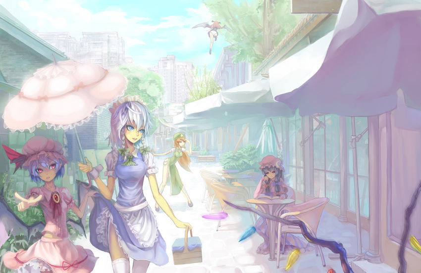 apron ascot awning basket bat_wings blue_dress blue_eyes blue_hair book bow braid breasts brick_wall brooch brown_hair chair china_dress chinese_clothes city crescent crystal dress dress_lift flandre_scarlet flying frills green_dress hair_bow hand_on_own_cheek hand_on_own_face hat head_wings holding hong_meiling izayoi_sakuya jewelry koakuma long_hair long_sleeves looking low_wings lunchbox madyy maid maid_headdress medium_breasts multiple_girls open_book panties pantyshot parasol patchouli_knowledge pointing purple_hair reading red_eyes remilia_scarlet short_hair short_sleeves side_slit silver_hair skirt skirt_set slit_pupils smile standing star table touhou tree tsurime twin_braids umbrella underwear waist_apron walking white_panties window wings