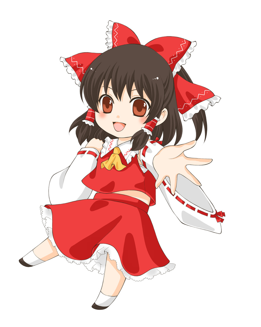 ascot bow brown_eyes brown_hair chibi detached_sleeves hair_bow hair_tubes hakurei_reimu hand_on_own_shoulder highres kutsuna_ayumu leg_up looking_at_viewer open_hand open_mouth outstretched_arm petticoat reaching sarashi short_hair simple_background skirt smile solo tongue touhou vest white_background wide_sleeves