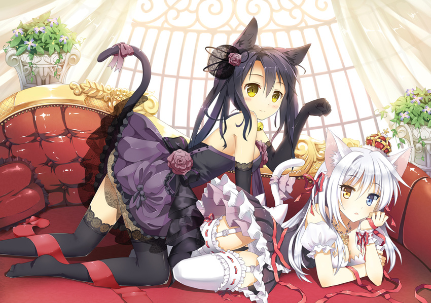 aina_rive all_fours animal_ears bare_shoulders black_gloves black_hair black_legwear blush borrowed_character breasts cat_ears cat_tail cleavage crossover crown detached_sleeves elbow_gloves garter_straps garters gloves heterochromia jewelry lace lace-trimmed_thighhighs laces long_hair looking_at_viewer lying mauve multiple_girls necklace on_side original panties parted_lips paw_pose puffy_sleeves ribbon skirt small_breasts smile tail tail_ribbon thighhighs twintails underwear white_hair white_legwear white_panties yellow_eyes