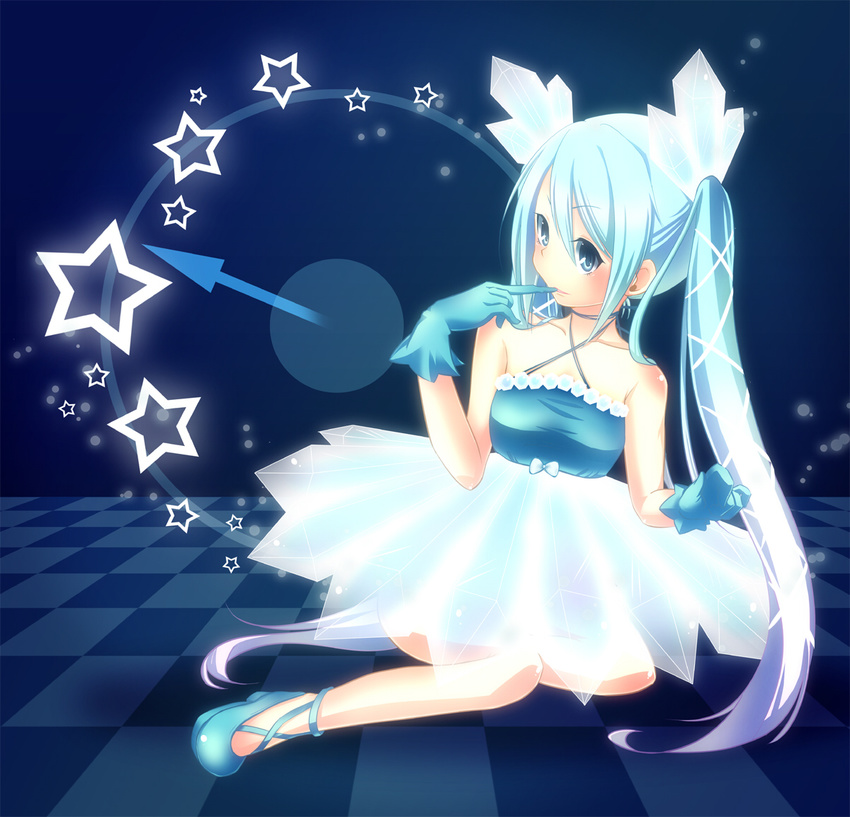 bare_shoulders blue_eyes blue_hair checkered checkered_floor finger_to_mouth gloves hatsune_miku long_hair mikoko_(mg2) sitting skirt solo star twintails very_long_hair vocaloid