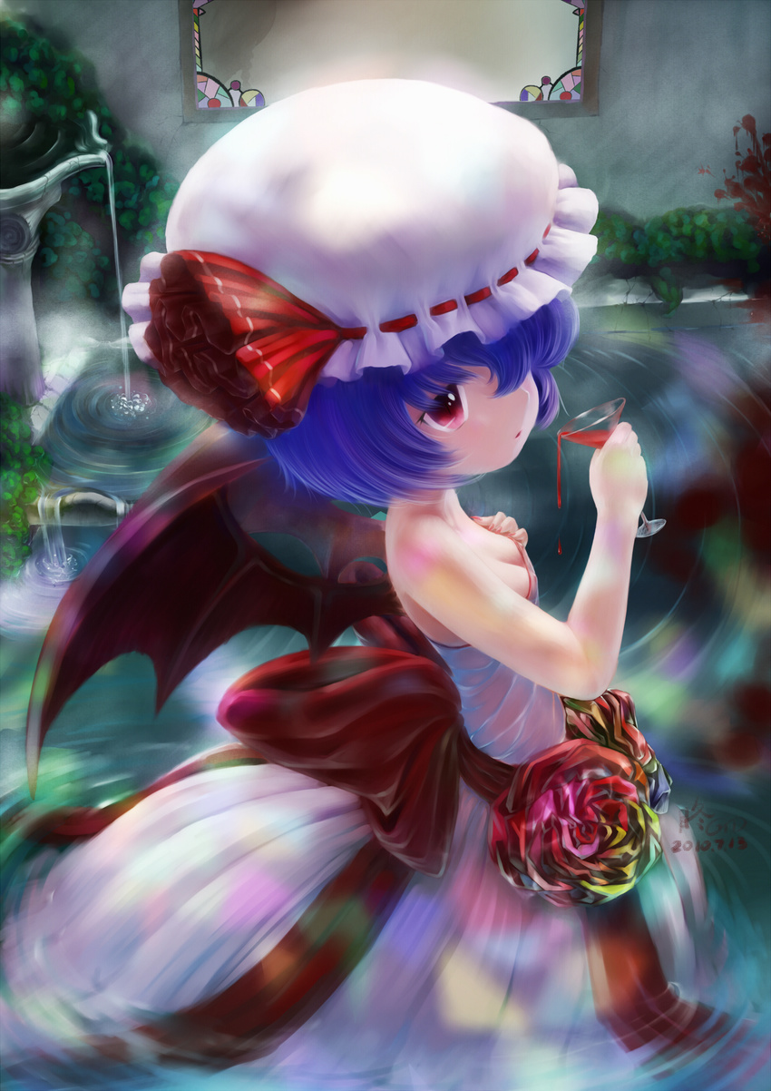 bare_shoulders bat_wings blood blue_hair bow breasts cleavage cocktail_glass cup dated dress drinking_glass flower hair_over_one_eye hat highres lavender_hair nipples red_eyes remilia_scarlet rose see-through short_hair signature slit_pupils small_breasts solo stained_glass strapless strapless_dress touhou wading water wings zimajiang