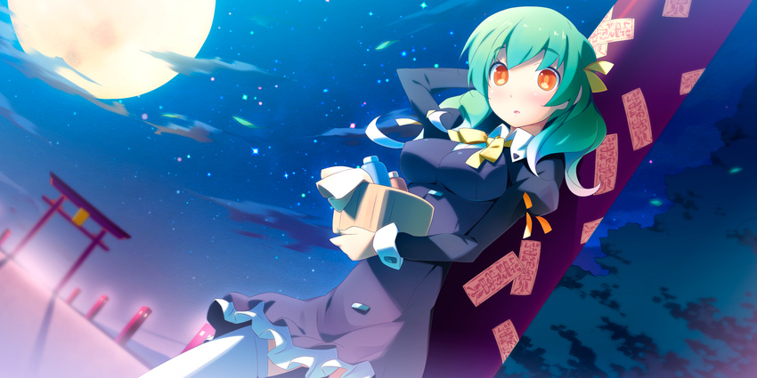 akinoko game_cg green_hair kaminoyu koushina_ayano moon night stars thighhighs