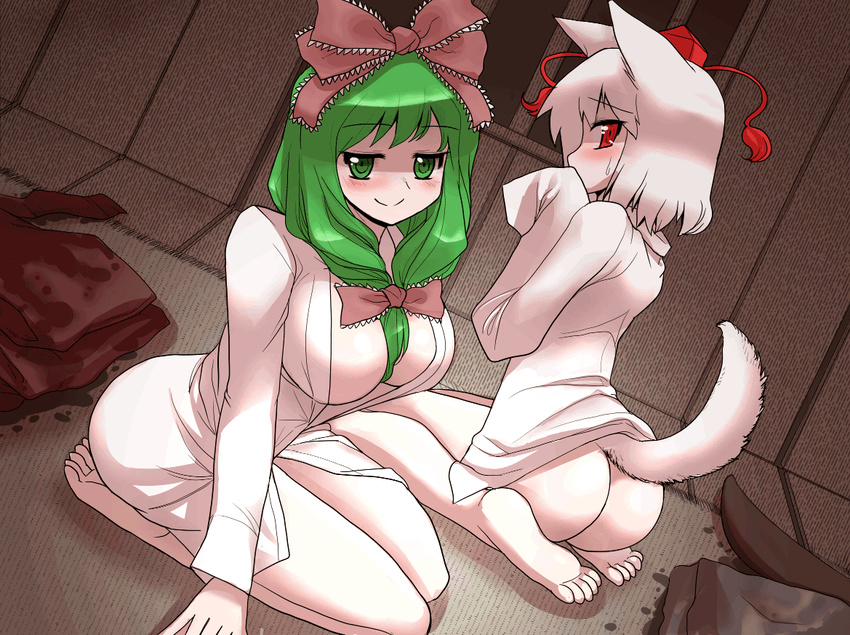 animal_ears ass bare_legs barefoot blush bow breasts dress_shirt embarrassed feet front_ponytail green_eyes green_hair hair_bow hat indoors inubashiri_momiji kagiyama_hina large_breasts long_hair mono_(moiky) multiple_girls naked_shirt red_eyes seiza shirt short_hair silver_hair sitting tail tokin_hat touhou wariza wet wet_clothes wolf_ears wolf_tail