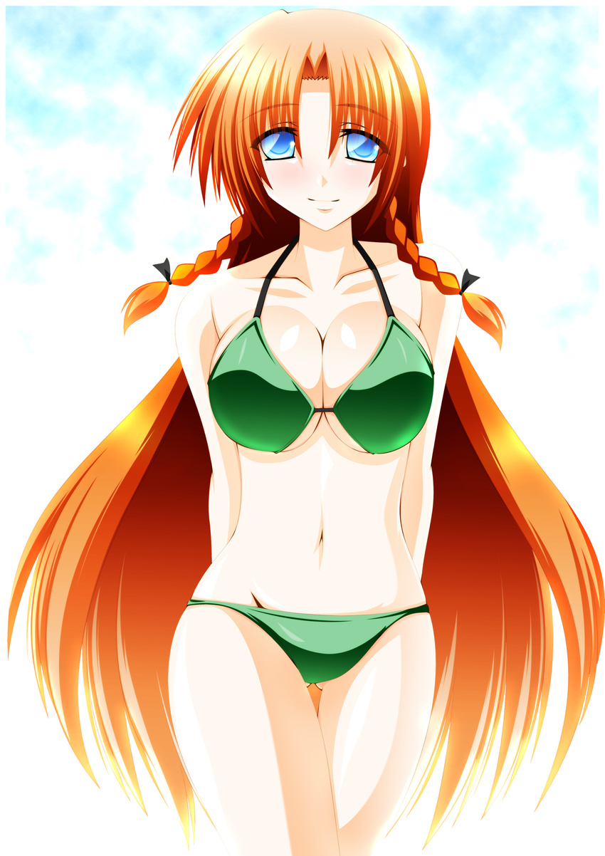 arms_behind_back bikini blue_eyes braid breasts cleavage engo_(aquawatery) green_bikini groin hair_down highres hong_meiling large_breasts long_hair midriff navel red_hair solo swimsuit thigh_gap touhou twin_braids very_long_hair