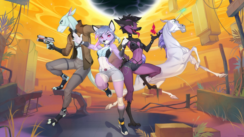 2019 5_fingers anthro breasts canid canine clothed clothing detailed_background digital_media_(artwork) equine female feral fox group hooves horn male mammal midriff navel open_mouth red_eyes teeth tongue unicorn yulliandress