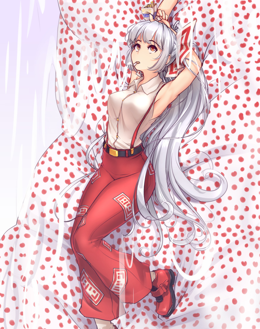 1girl armpits arms_up bangs bare_arms bare_shoulders bed_sheet belt black_belt bow box breasts cigarette cigarette_box commentary english_commentary eyebrows_visible_through_hair feet_out_of_frame fujiwara_no_mokou hair_bow hater_(hatater) highres holding holding_box indoors long_hair long_ponytail looking_at_viewer lying medium_breasts ofuda on_back pants polka_dot red_eyes red_footwear red_pants shirt shoes sidelocks silver_hair sleeveless sleeveless_shirt smoke smoking socks solo suspenders thighs touhou very_long_hair white_bow white_legwear white_shirt wing_collar