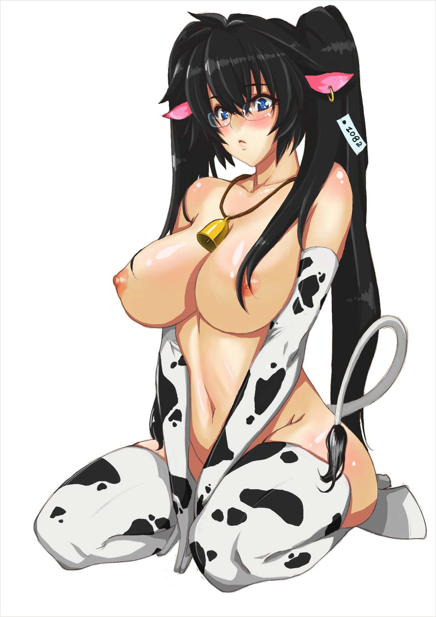 :&lt; animal_ears animal_print areolae bell between_legs black_hair blue_eyes blush body_blush boots breasts can_(y22524151) cleavage collarbone covering covering_crotch cow cow_bell cow_ears cow_girl cow_print cow_tail earrings elbow_gloves full_body glasses gloves groin hair_between_eyes hand_between_legs highres hips hooves huge_breasts jewelry legs lipgloss lips long_hair navel necklace nipples nude number original seiza shiny shiny_skin simple_background single_earring sitting skindentation solo tag tail thighhighs thighs twintails very_long_hair white_background wide_hips