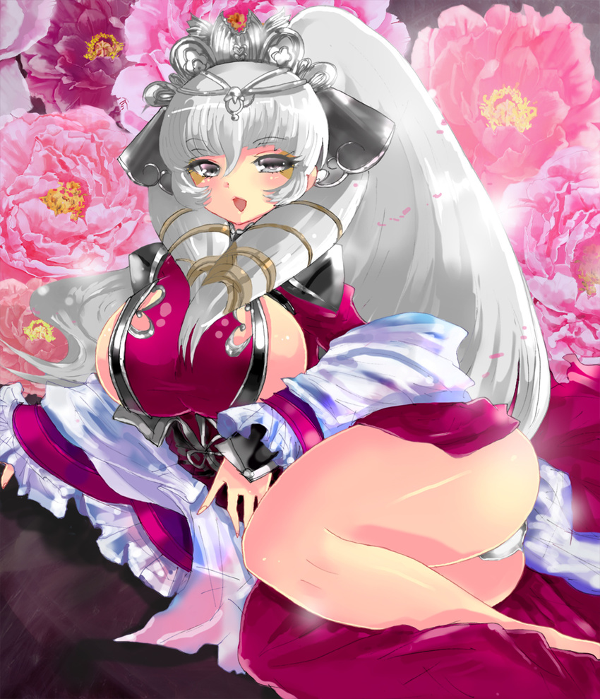 1girl breasts female flower grey_eyes grey_hair hair_ornament highres huge_breasts legs long_hair lying lying_on_side no_bra on_side open_mouth panties pantyshot sangokushi_taisen silver_hair solo tenkyuu09 thick_thighs thighs underwear white_panties zhang_chunhua_(sangokushi_taisen)