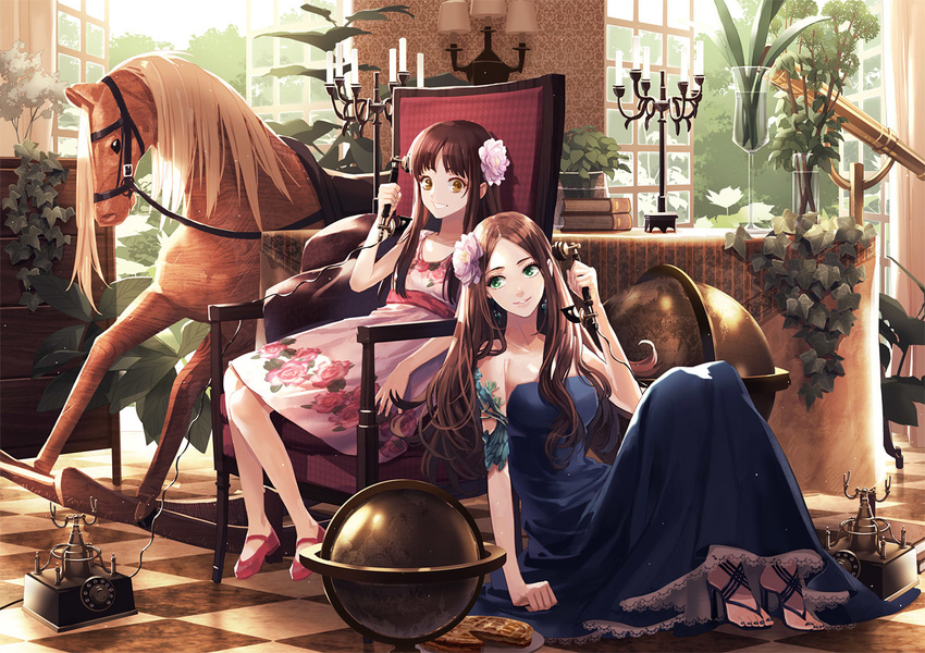 bad_id bad_pixiv_id blue_dress book_stack brown_eyes brown_hair candle candlestand chair checkered checkered_floor corded_phone drawer dress flower food globe green_eyes grin hair_flower hair_ornament high_heels holding indoors lamp leaf long_hair looking_at_another multiple_girls nail_polish original parted_lips phone pie rocking_horse rotary_phone shoes sitting smile talking_on_phone telescope toichi_(ik07) vase window