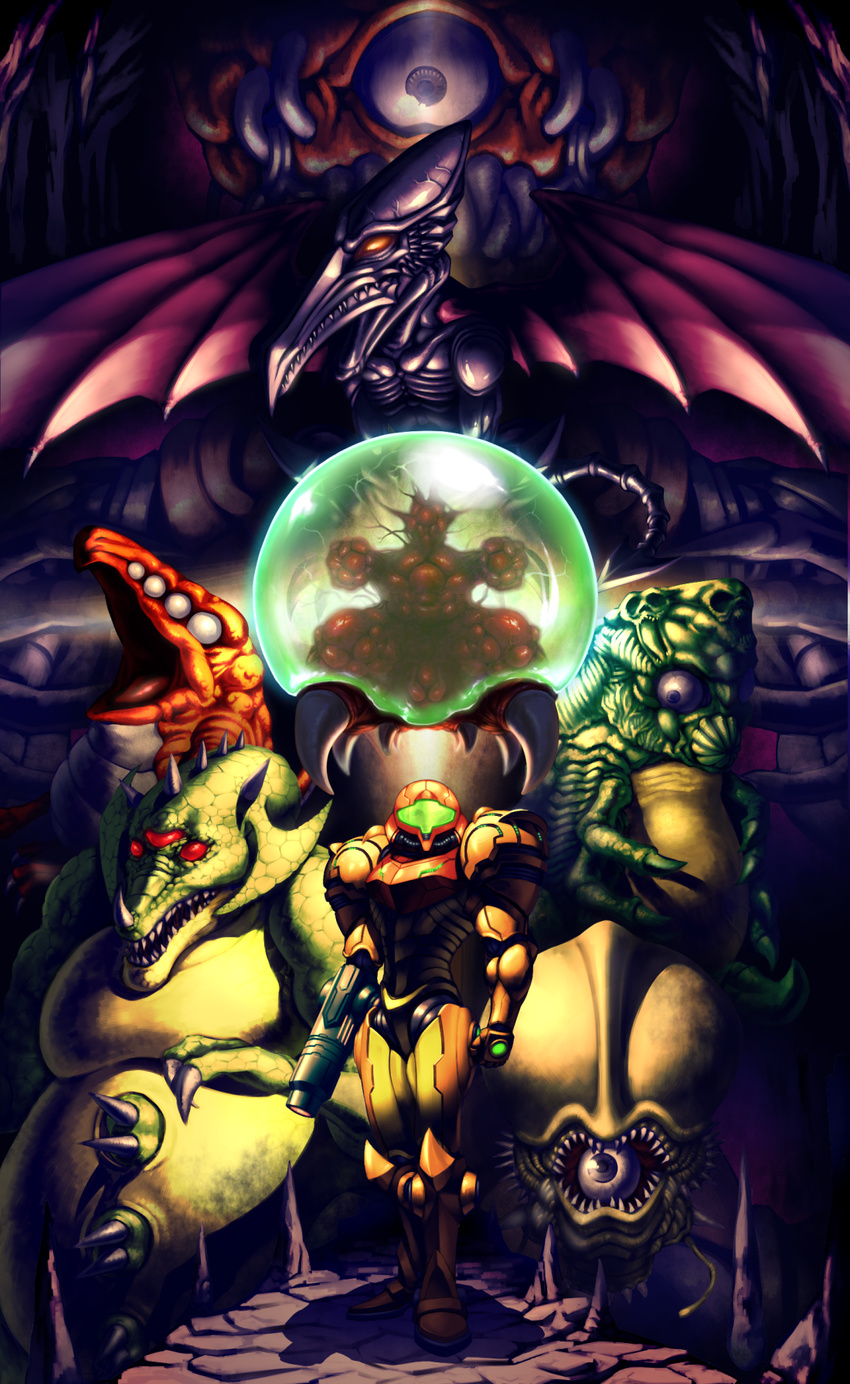 arm_cannon bad_id bad_pixiv_id claws crocomire cyclops draygon extra_eyes highres idon_(magna13) kraid metroid metroid_(creature) monster mother_brain multiple_arms one-eyed phantoon power_armor ridley samus_aran spikes stalactite stalagmite super_metroid tail tentacles weapon wings