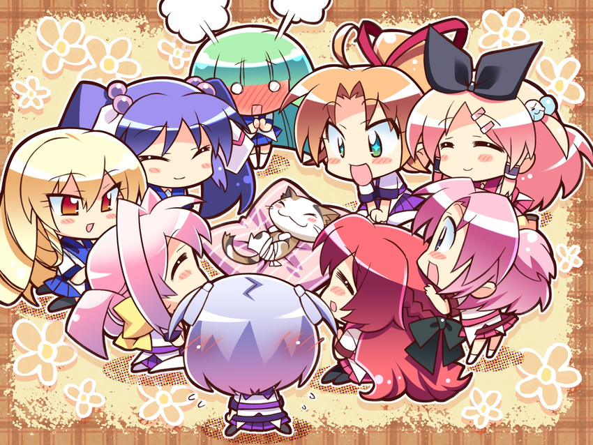 77 amane_ruru animal blue_hair brown_hair cat chibi flowers game_cg green_eyes green_hair hoshiba_sora karen_lux_victoria kazamai_sakura koshimizu_rin long_hair narukami_aoi pink_hair red_hair seifuku short_hair stella_(77) tsuneha_aki tsuneha_miki