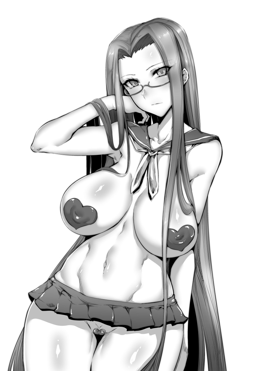 1girl absurdres adjusting_hair armpits breasts collarbone contrapposto cowboy_shot eyebrows_visible_through_hair fate/stay_night fate_(series) gggg glasses greyscale groin hand_on_own_face heart heart_maebari heart_pasties heart_stickers highres large_breasts long_hair looking_at_viewer maebari miniskirt monochrome navel no_panties pasties pleated_skirt rider sailor_collar skirt solo square_pupils very_long_hair white_background