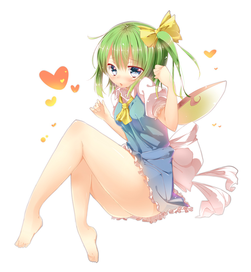 ascot bare_legs barefoot blue_eyes bow daiyousei dress feet full_body green_hair hair_bow heart highres kurean legs no_panties short_hair side_ponytail simple_background solo touhou white_background wings